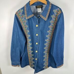 Bob Mackie Wearable Art Denim Shirt Jacket Embroidered Button Down Plus 2X